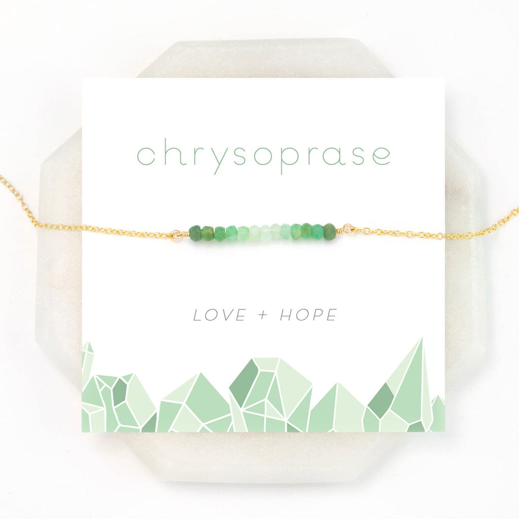 Love Necklace, Delicate Crystal Necklace, Chrysoprase Gemstone Bar, Bridesmaid Gift, Meaningful Gift, Rose Gold Fill Sterling Silver