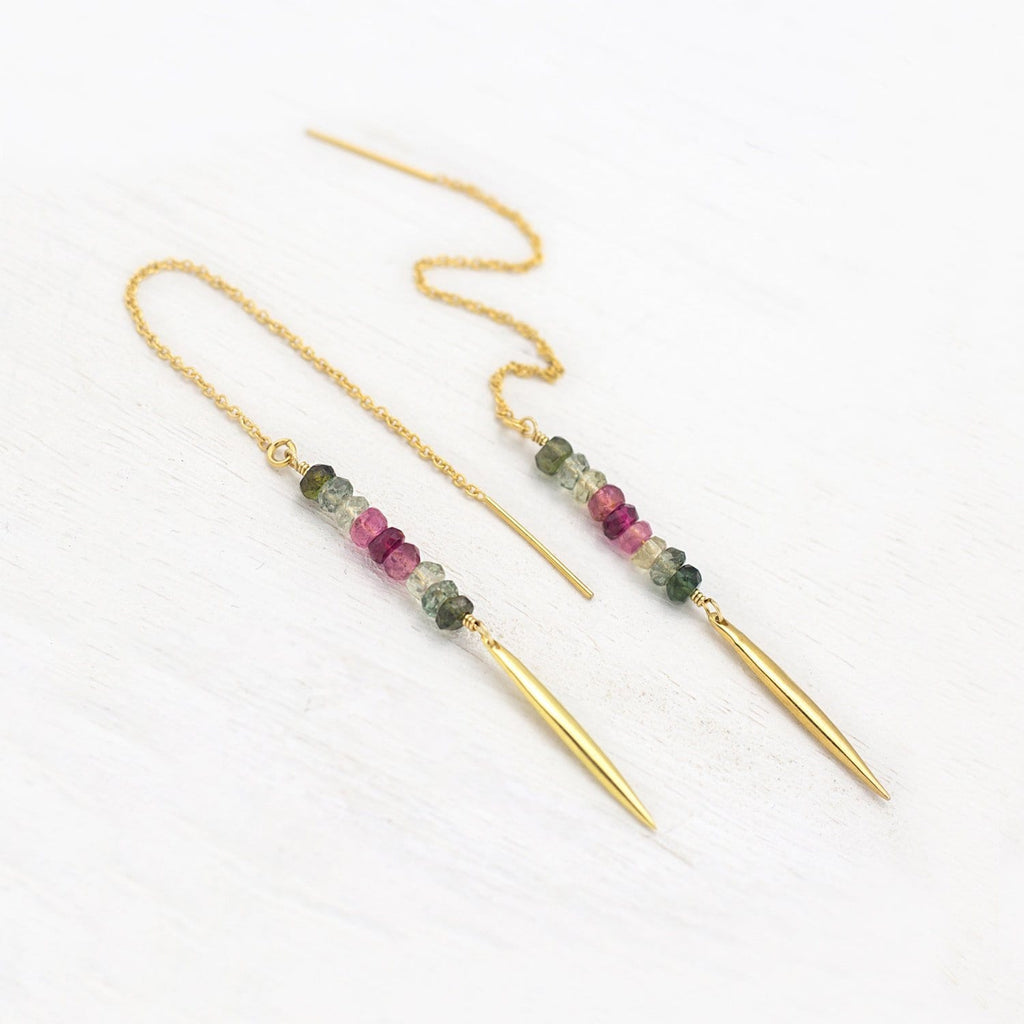 Watermelon Tourmaline Threaders, Ombre Gemstone Earrings, Beaded Spike Earrings, October Birthstone Gift, Birthstone Earrings, Stone Drops