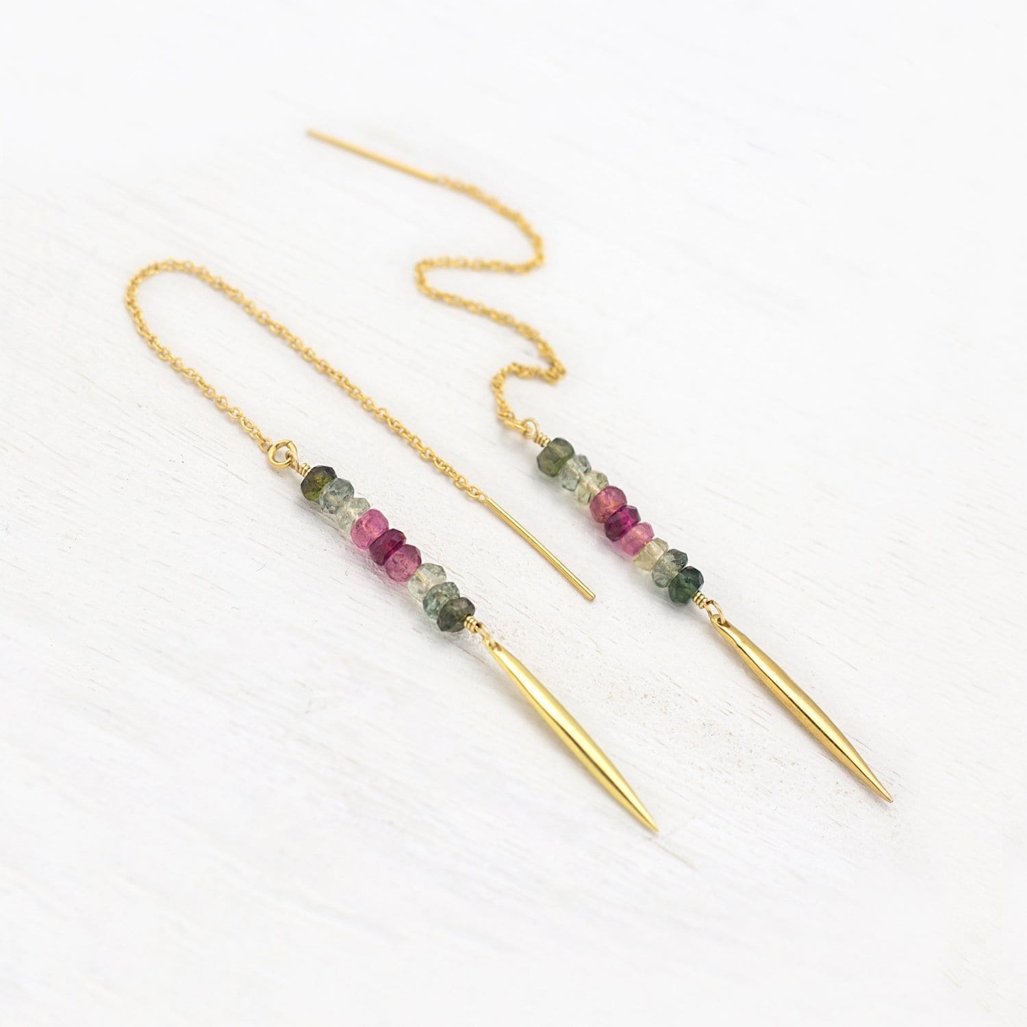 Watermelon Tourmaline Threaders, Ombre Gemstone Earrings, Beaded Spike Earrings, October Birthstone Gift, Birthstone Earrings, Stone Drops
