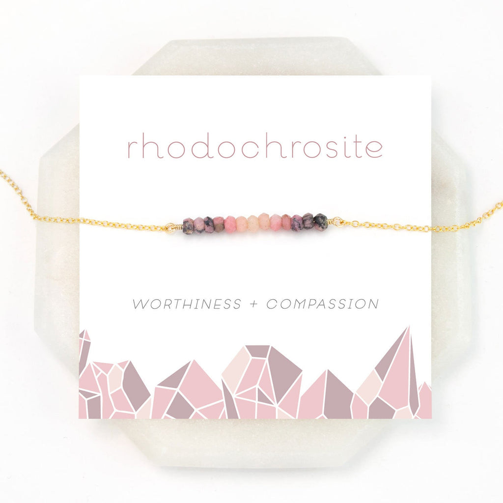 Rhodochrosite Bar Necklace, Compassion Gift Necklace, Ombre Pink Gemstone Beaded Choker, Sister Gift, Simple Stone Choker, Gold Fill