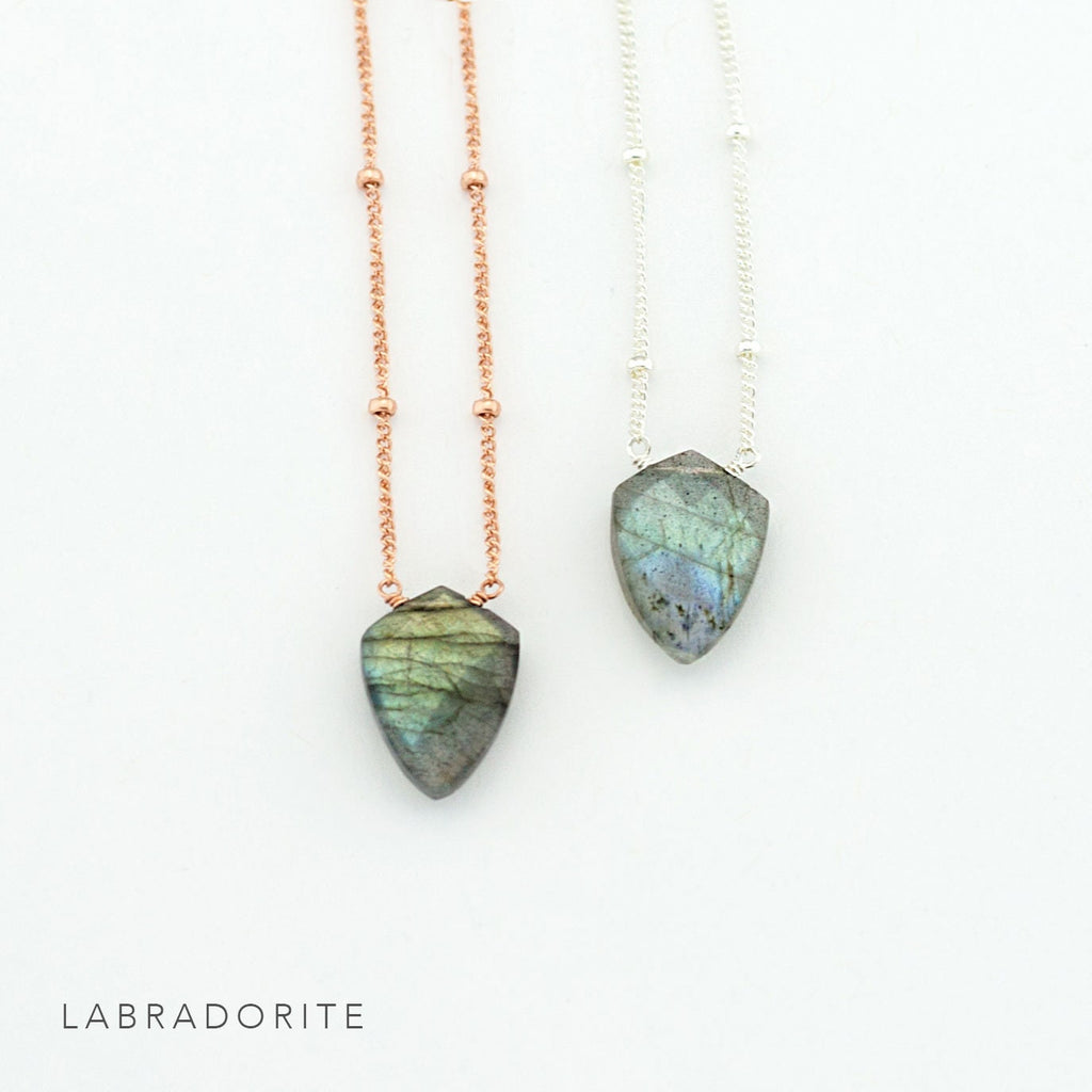 Labradorite Point Necklace, Flashy Geometric Labradorite Pendant, Boho Satellite Chain Necklace, Natural Genuine Gemstone, Arrowhead Silver
