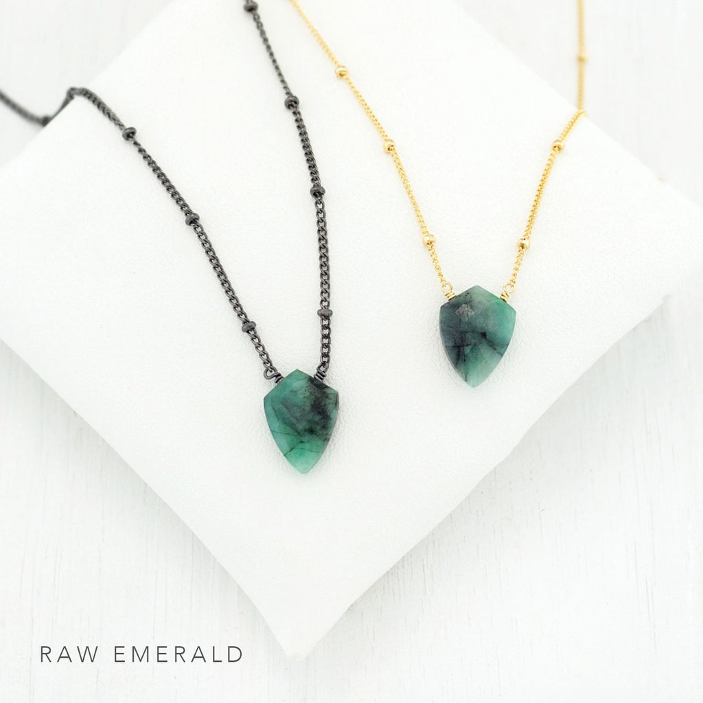 Flashy Labradorite Pendant Necklace, Geometric Gemstone, Emerald Arrowhead, Silver Dewdrop Chain, Rose Gold Satellite Chain, Shield Necklace