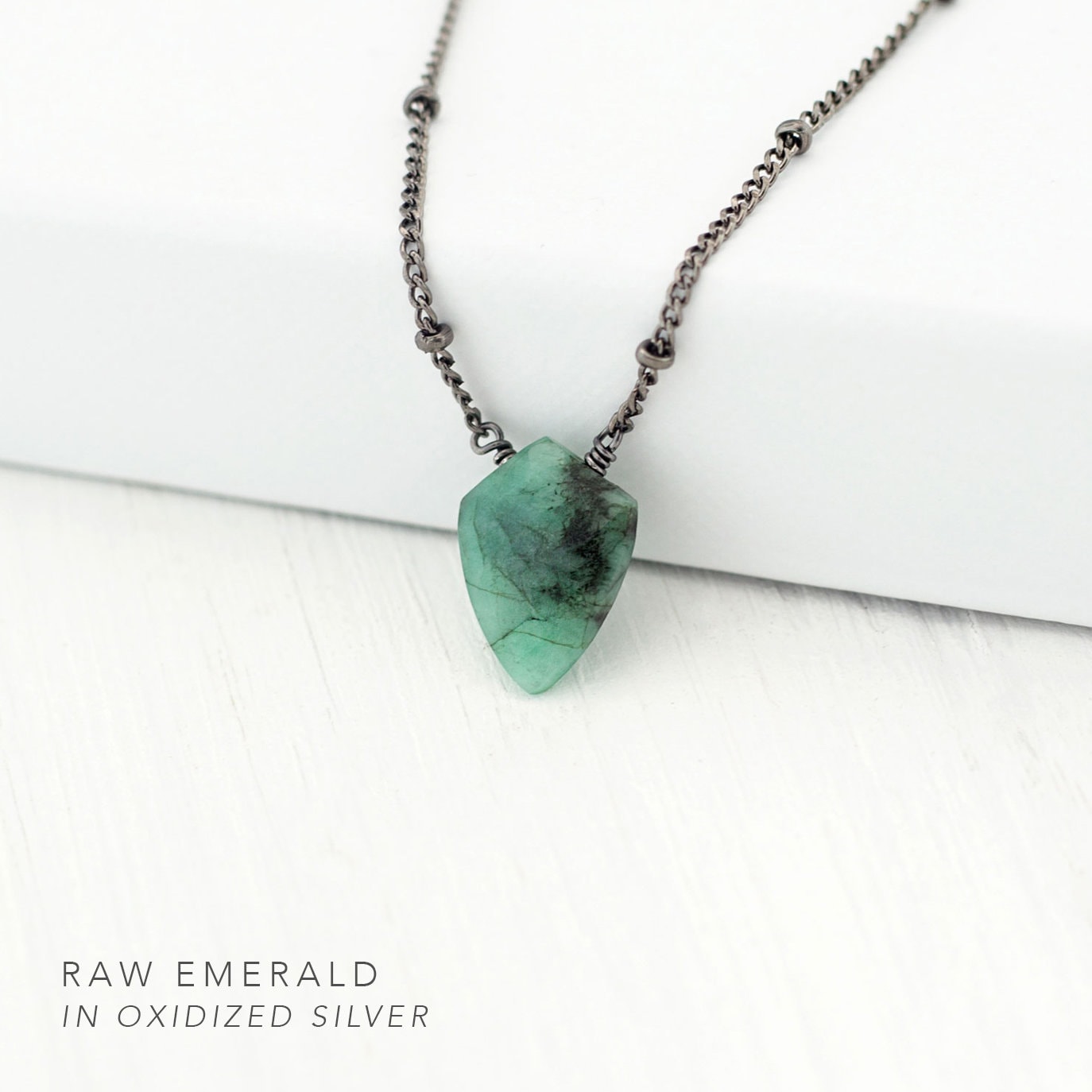 Flashy Labradorite Pendant Necklace, Geometric Gemstone, Emerald Arrowhead, Silver Dewdrop Chain, Rose Gold Satellite Chain, Shield Necklace