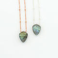 Flashy Labradorite Pendant Necklace, Geometric Gemstone, Emerald Arrowhead, Silver Dewdrop Chain, Rose Gold Satellite Chain, Shield Necklace