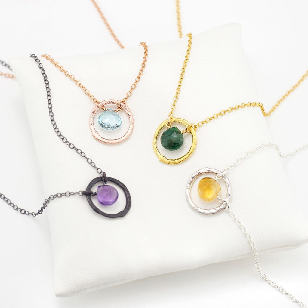 Solitaire Birthstone Necklaces, Genuine Gemstone Drop Circle Charm Necklace, Personalized Tiny Crystal Pendant, Simple Bridesmaid Gifts