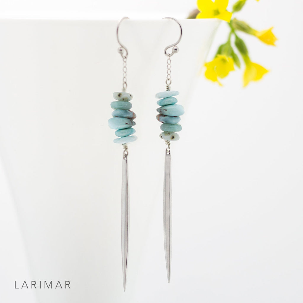 Larimar Bar Earrings Silver, Long Drop Earrings, Spike Earrings, Light Blue Natural Gemstone, Raw Crystal Earrings, Edgy Statement Earrings