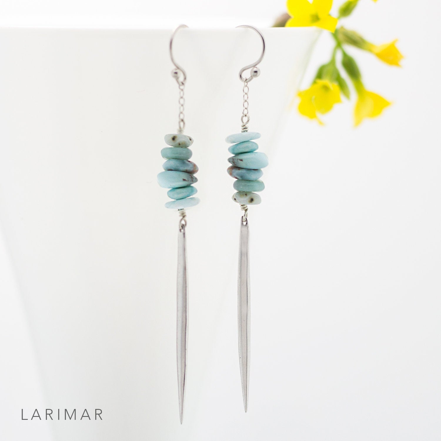 Larimar Bar Earrings Silver, Long Drop Earrings, Spike Earrings, Light Blue Natural Gemstone, Raw Crystal Earrings, Edgy Statement Earrings