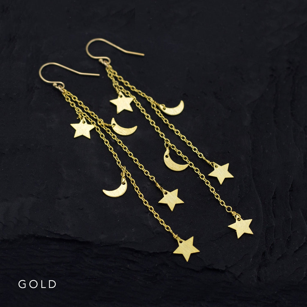 Shooting Star Cascade Earrings, Rose Gold Celestial Jewelry, Moon and Star Earrings, Silver Crescent Moon, Constellation Dangle Gift for Her