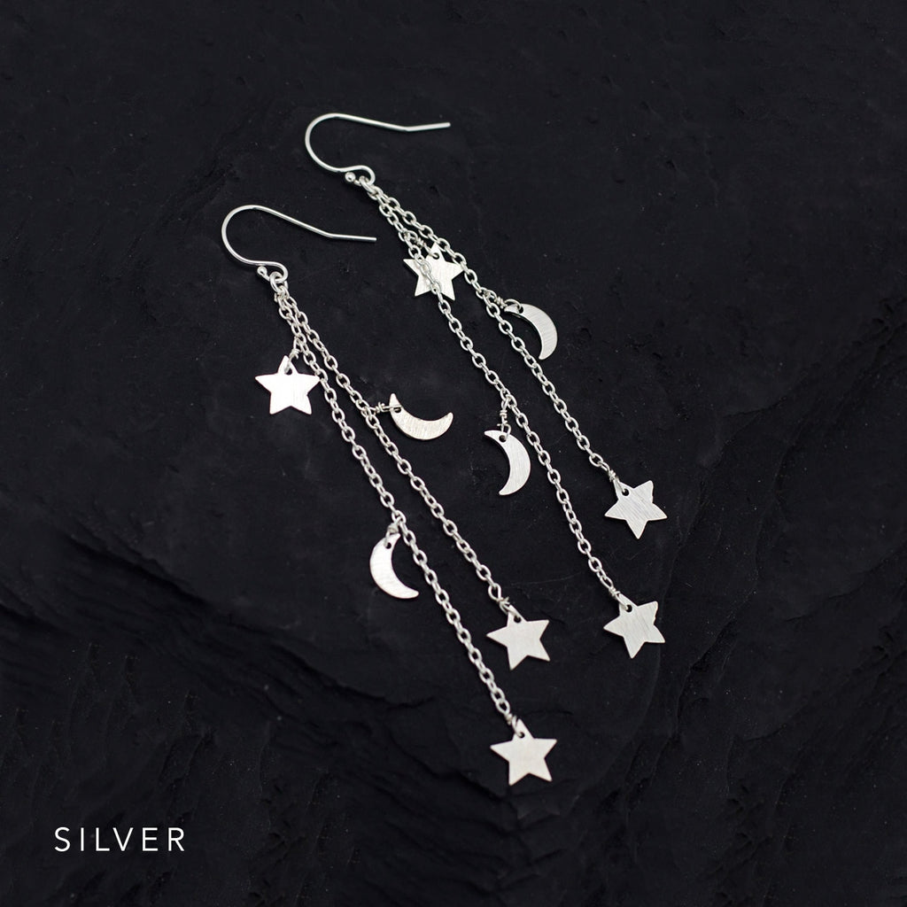 Shooting Star Cascade Earrings, Rose Gold Celestial Jewelry, Moon and Star Earrings, Silver Crescent Moon, Constellation Dangle Gift for Her
