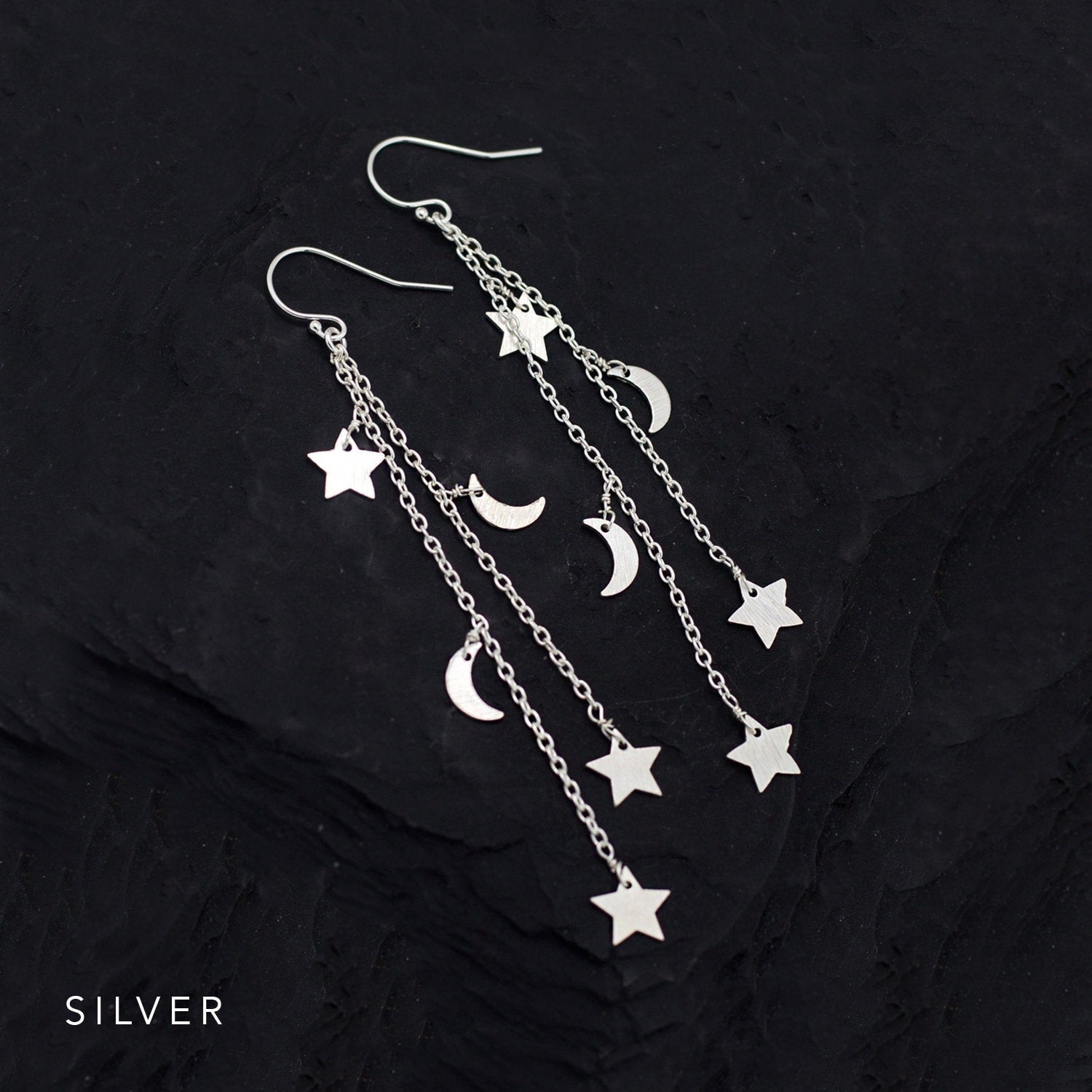 Gold Celestial Earrings, Crescent Moon and Stars, Long Chain Earrings, Charm Earrings, Star Dangle, Festival Boho Jewelry, Silver, Rose Gold