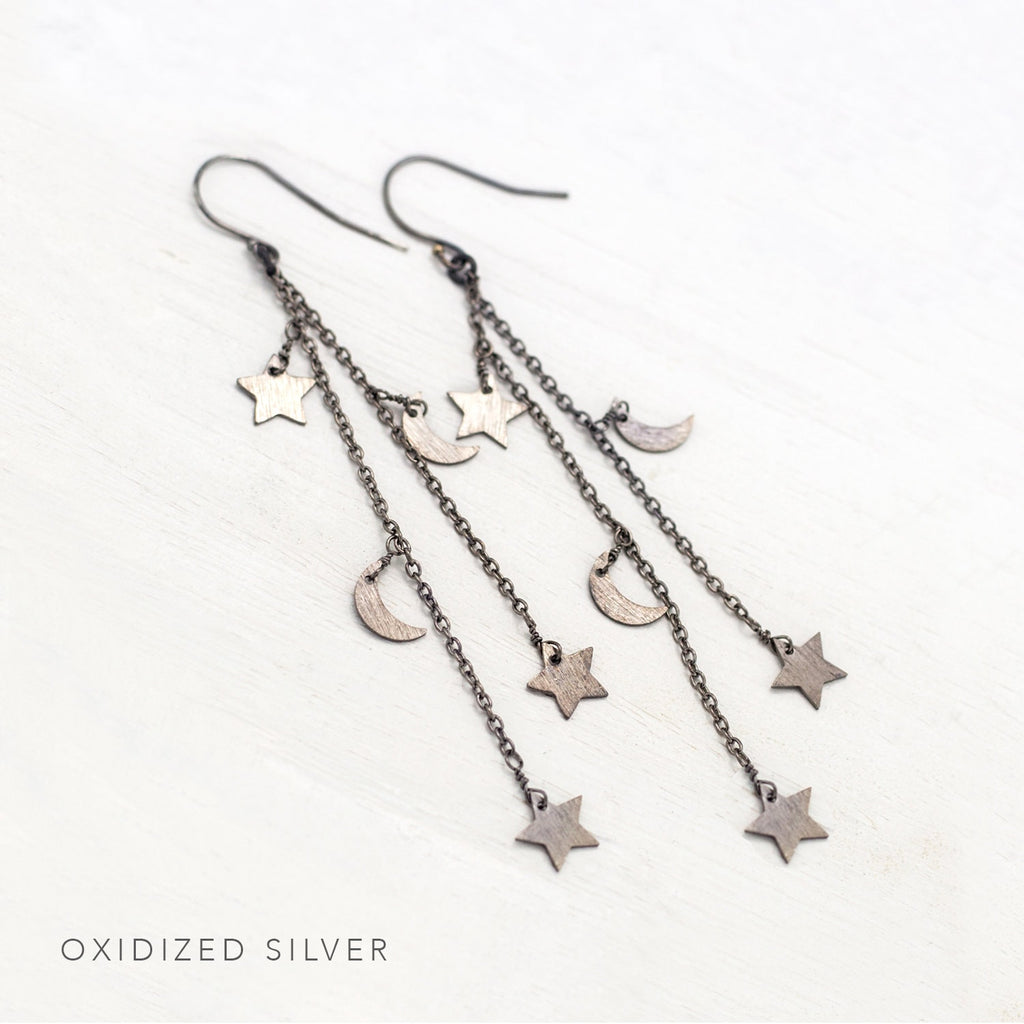 Gold Celestial Earrings, Crescent Moon and Stars, Long Chain Earrings, Charm Earrings, Star Dangle, Festival Boho Jewelry, Silver, Rose Gold