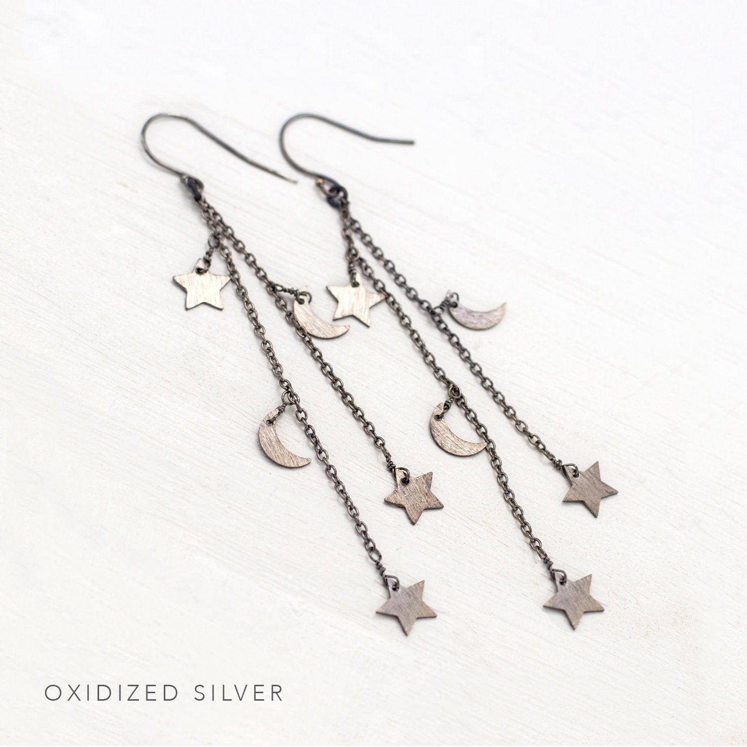 Gold Celestial Earrings, Crescent Moon and Stars, Long Chain Earrings, Charm Earrings, Star Dangle, Festival Boho Jewelry, Silver, Rose Gold
