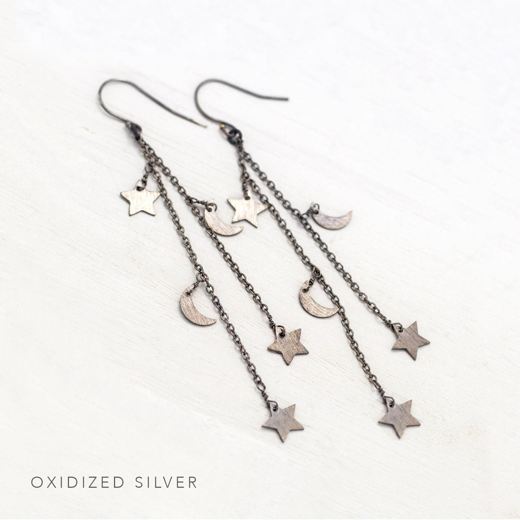 Shooting Star Cascade Earrings, Rose Gold Celestial Jewelry, Moon and Star Earrings, Silver Crescent Moon, Constellation Dangle Gift for Her