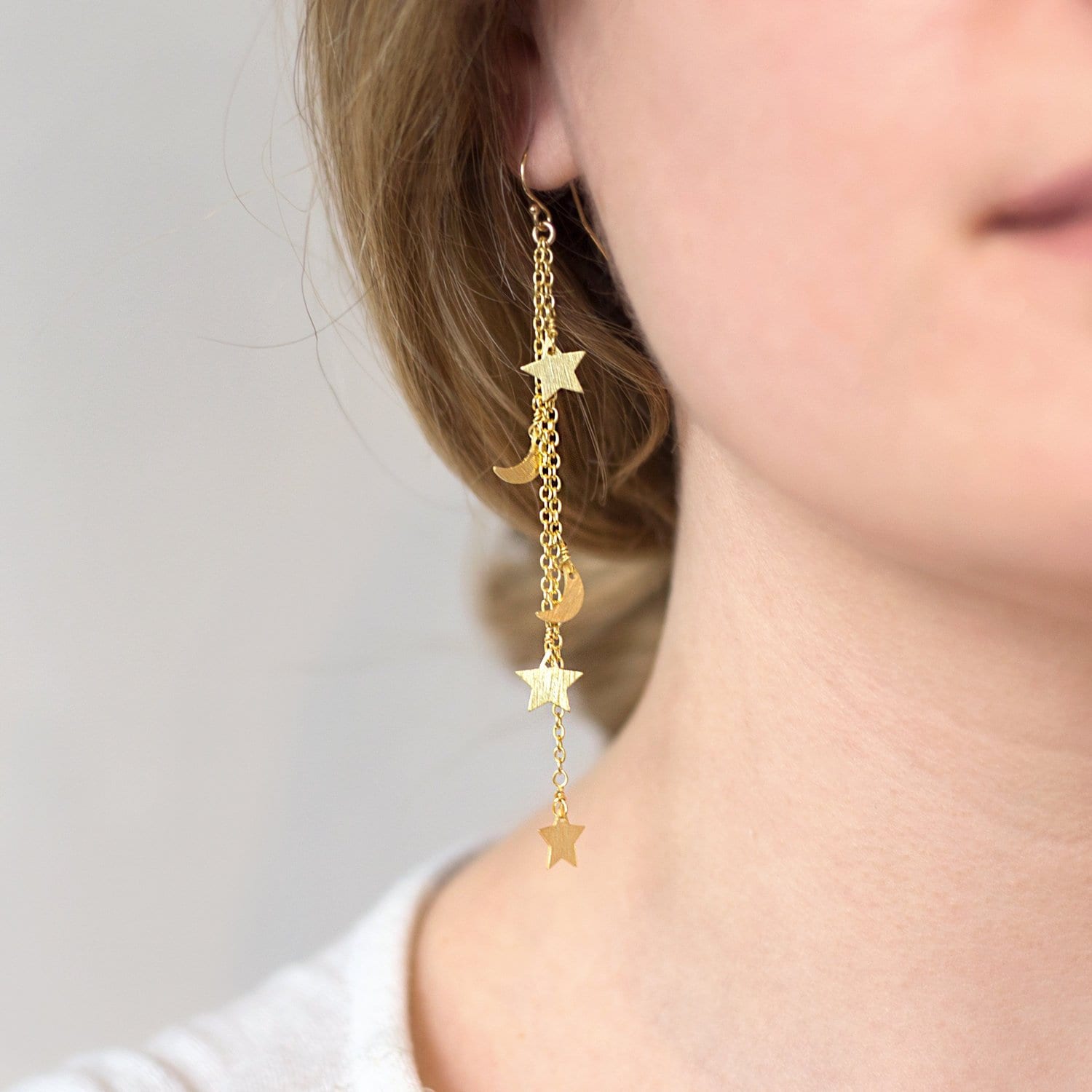 Gold Celestial Earrings, Crescent Moon and Stars, Long Chain Earrings, Charm Earrings, Star Dangle, Festival Boho Jewelry, Silver, Rose Gold