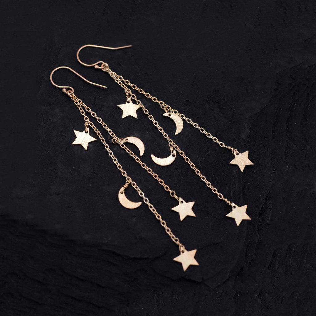 Shooting Star Cascade Earrings, Rose Gold Celestial Jewelry, Moon and Star Earrings, Silver Crescent Moon, Constellation Dangle Gift for Her
