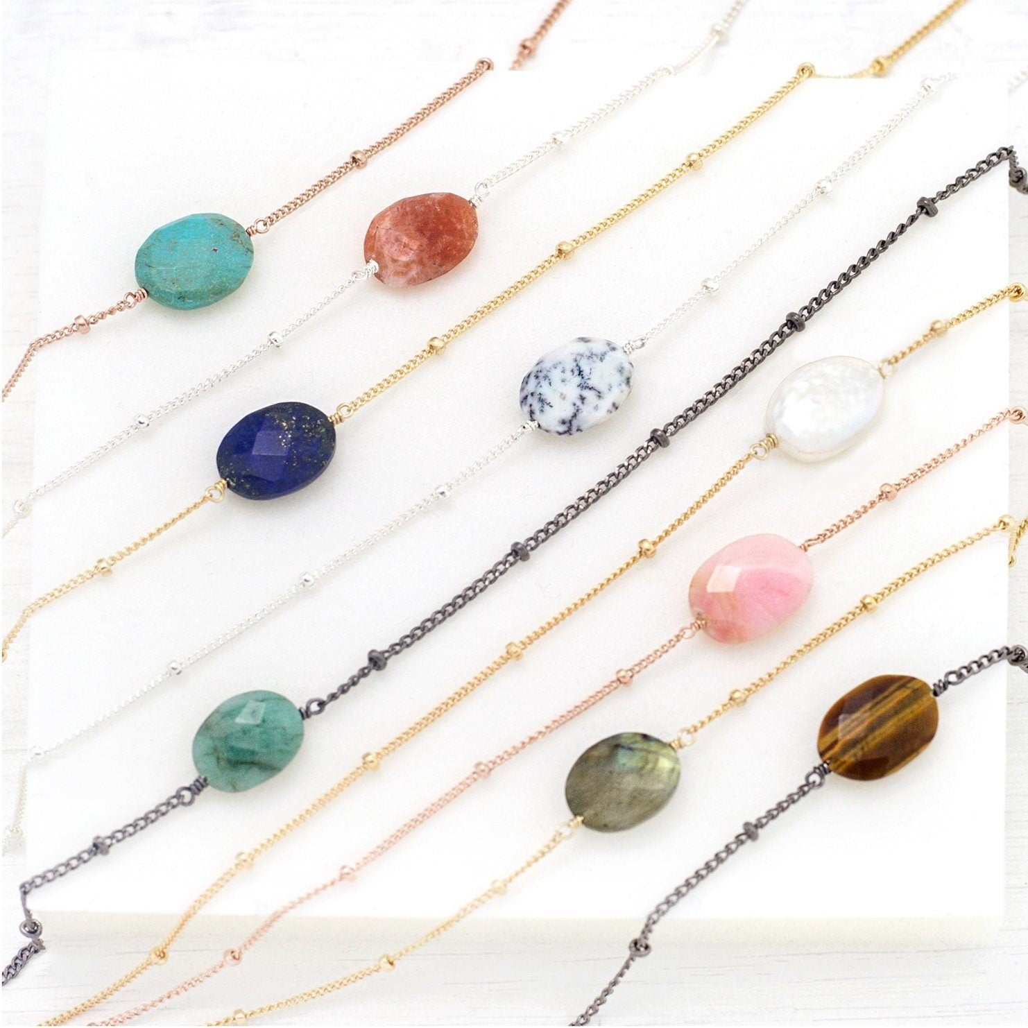 Dainty Stone Pendant, Turquoise Necklace Silver, Tiny Gemstone Choker, Gold Filled Satellite Chain, Gift for Sisters/ Friends, Boho Layering