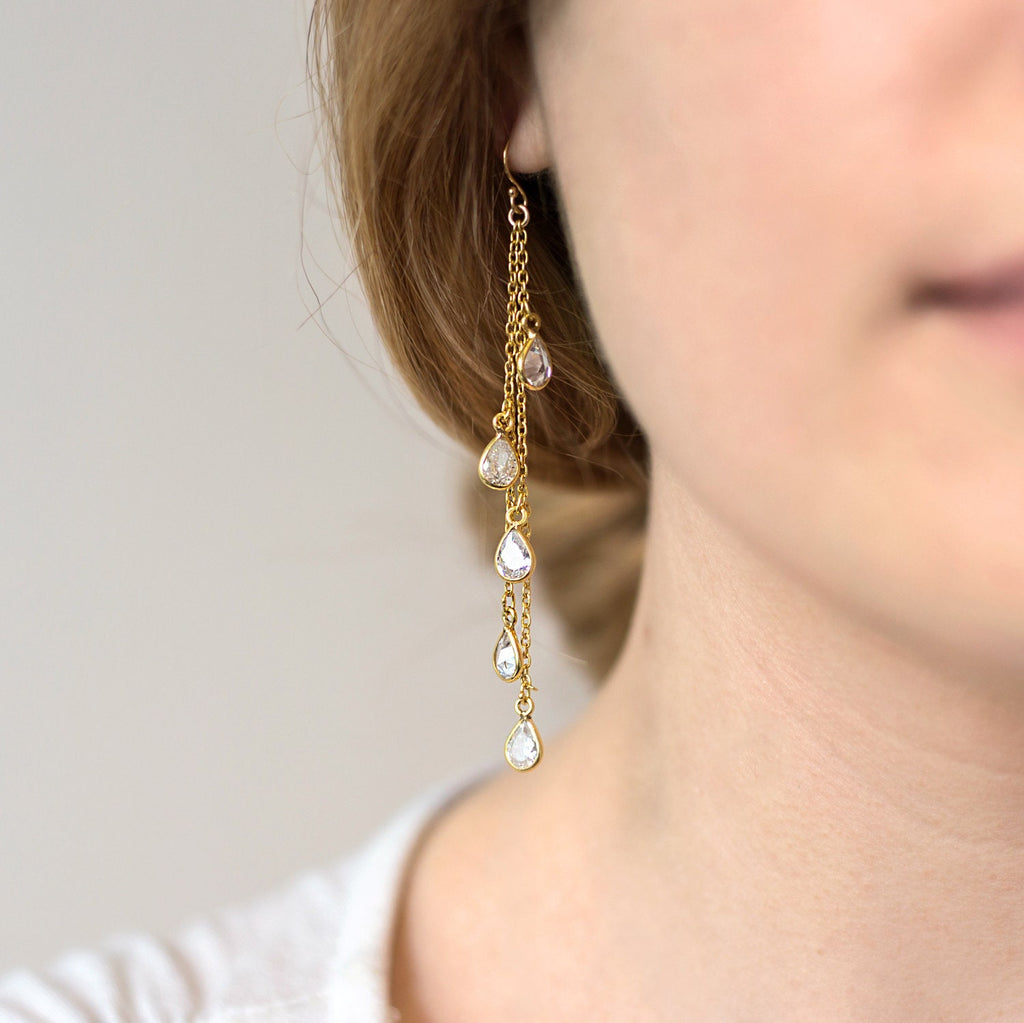 Gold Crystal Chandelier Earrings, CZ Raindrop Earrings, Simple Statement Earrings, Long Drop Earrings, Boho Chic Long Dangle Earrings