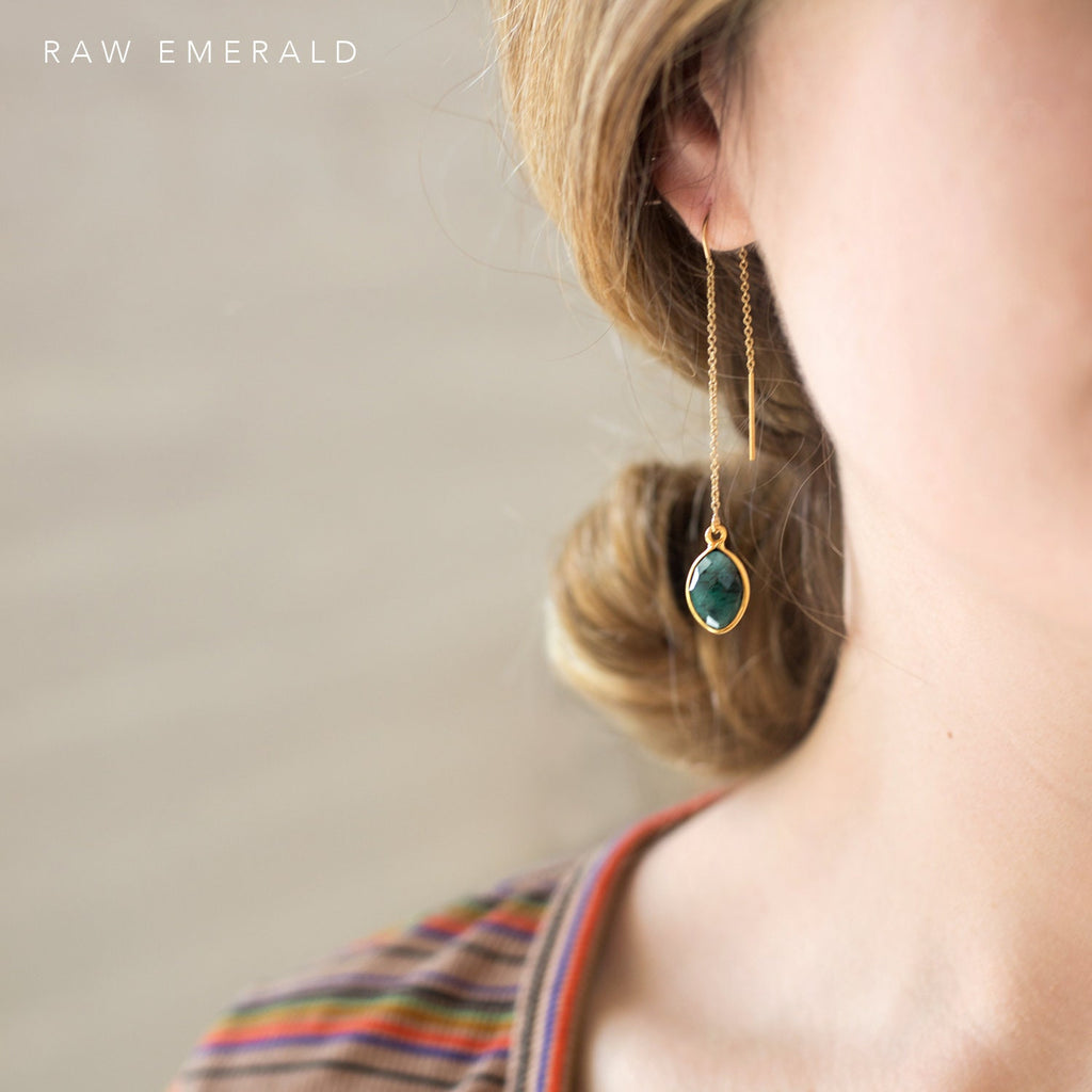 Genuine Emerald Drop Earrings, Natural Raw Emerald, May Birthstone, Gemini Zodiac Gift, Long Drop Threader Earrings, Festival Jewelry