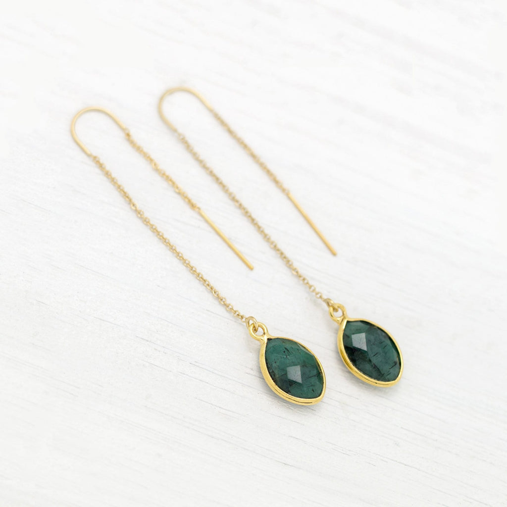 Genuine Emerald Drop Earrings, Natural Raw Emerald, May Birthstone, Gemini Zodiac Gift, Long Drop Threader Earrings, Festival Jewelry