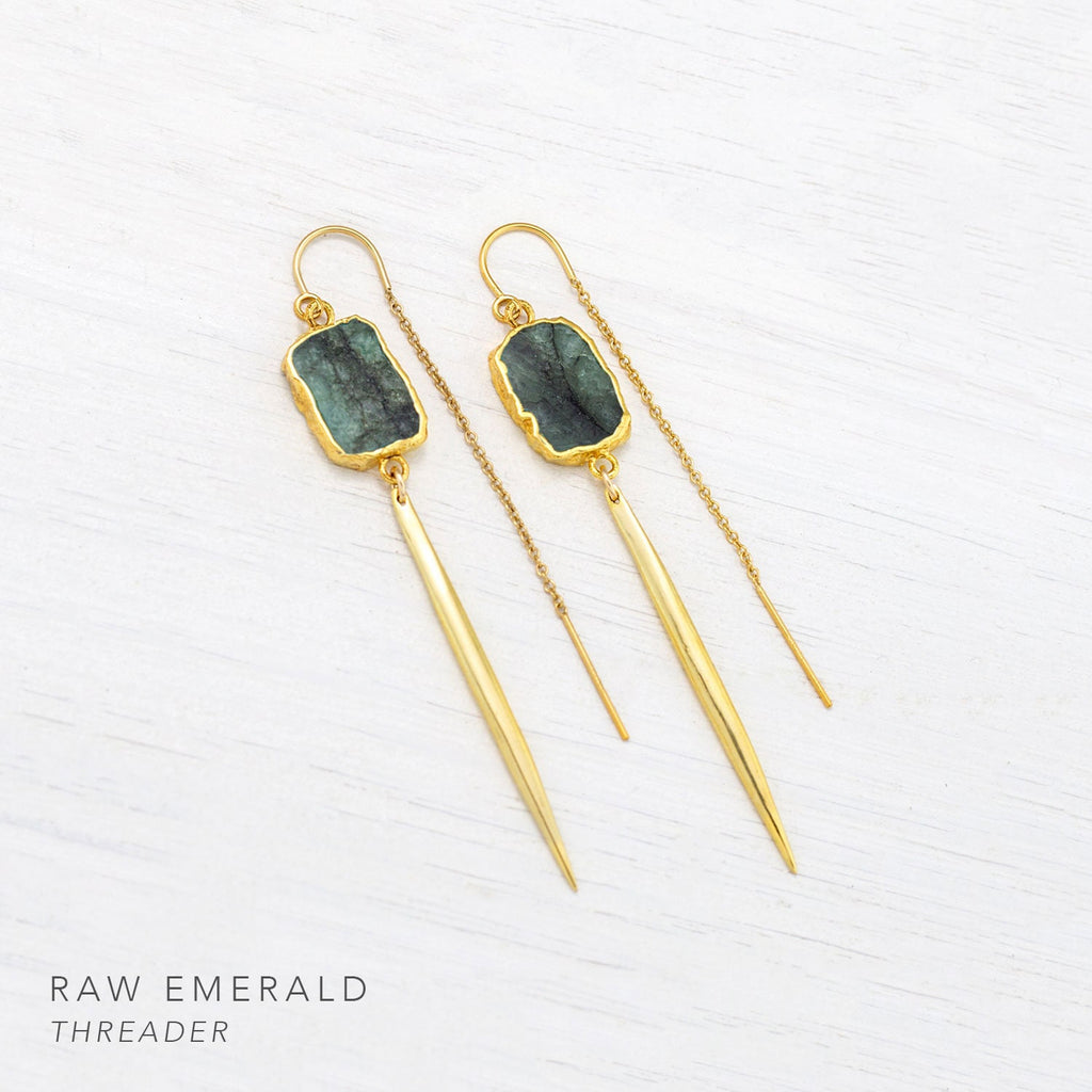 Natural Emerald Gemstone Earrings, Raw Emerald, May Birthstone Gift, Modern Geometric Spike Earrings, Simple Edgy Jewelry, Summer Statement