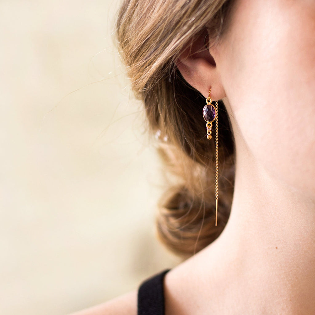 Double piercing earring, Tiny Crystal Drop Threaders, Purple Amethyst Earrings, February Birthstone, Two Piercing Threader Earring set
