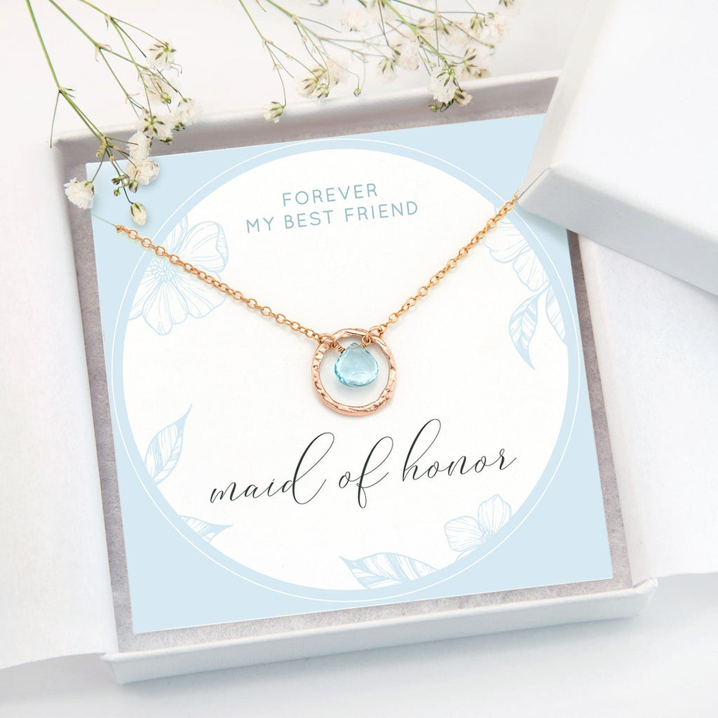 Maid of Honor Proposal Necklace Card, Dainty Rose Gold Chain, Crystal Birthstone Drop, Something Blue Bridal Jewelry, Bridesmaid Thank You