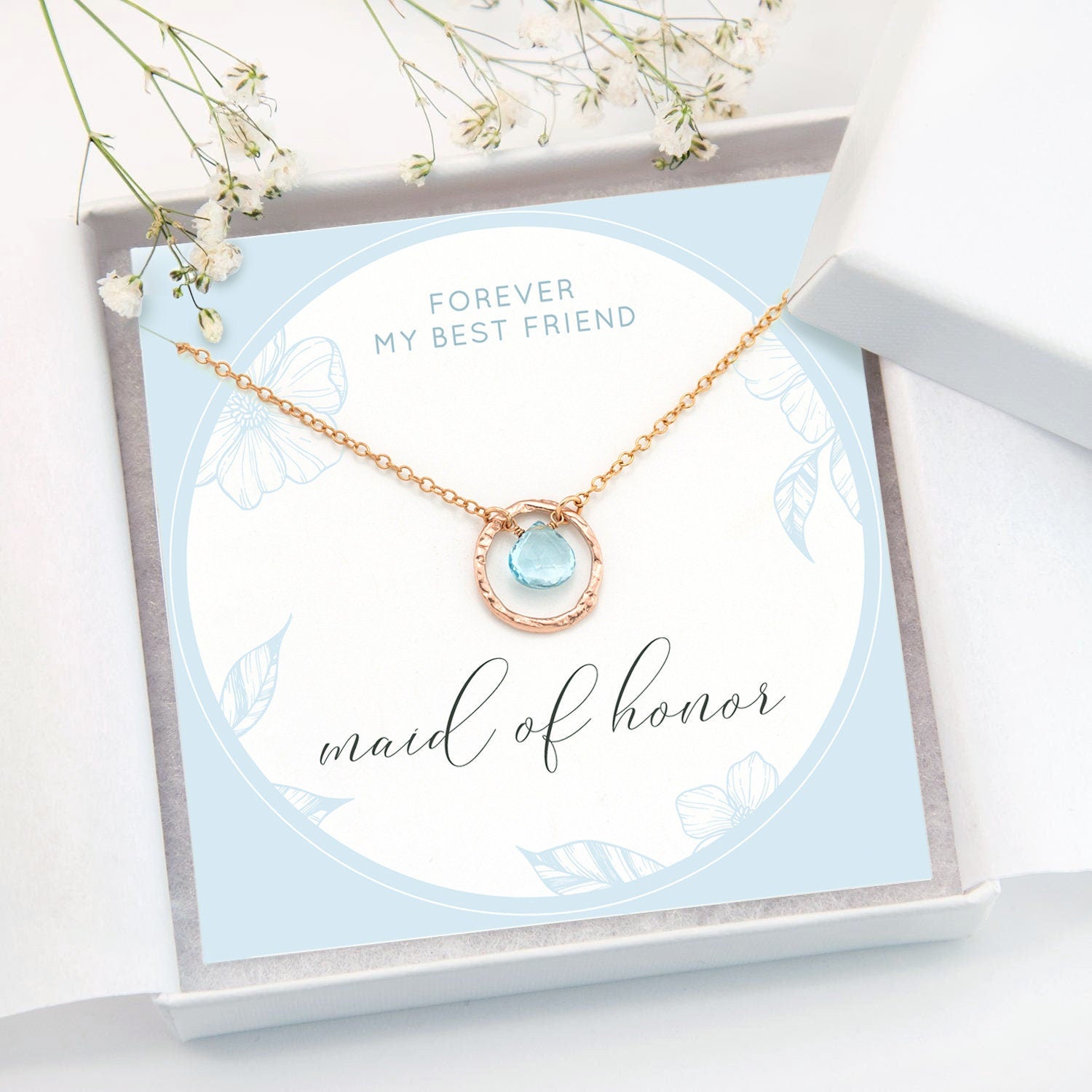 Maid of Honor Proposal Necklace Card, Dainty Rose Gold Chain, Crystal Birthstone Drop, Something Blue Bridal Jewelry, Bridesmaid Thank You