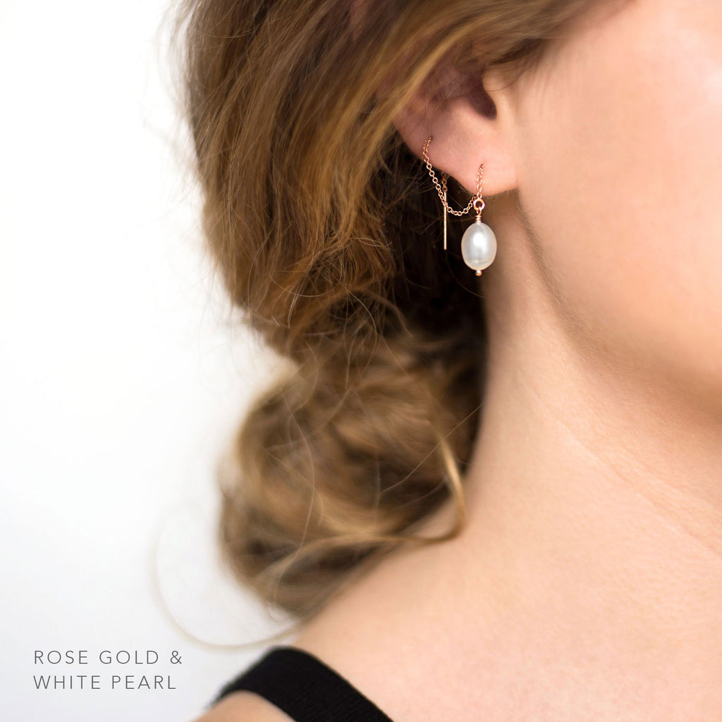 Freshwater Pearl Drop Threader Earrings, 14k Gold Filled, Bridesmaid Pearl Earrings, Long Pearl Earrings, Pearl Dangle, Gift for Girlfriend