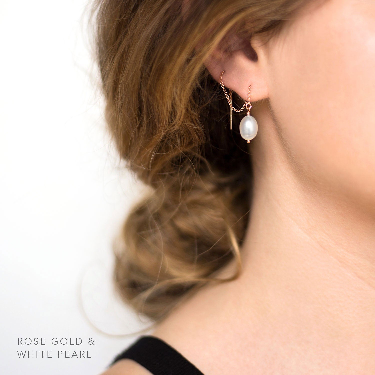 Freshwater Pearl Drop Threader Earrings, 14k Gold Filled, Bridesmaid Pearl Earrings, Long Pearl Earrings, Pearl Dangle, Gift for Girlfriend