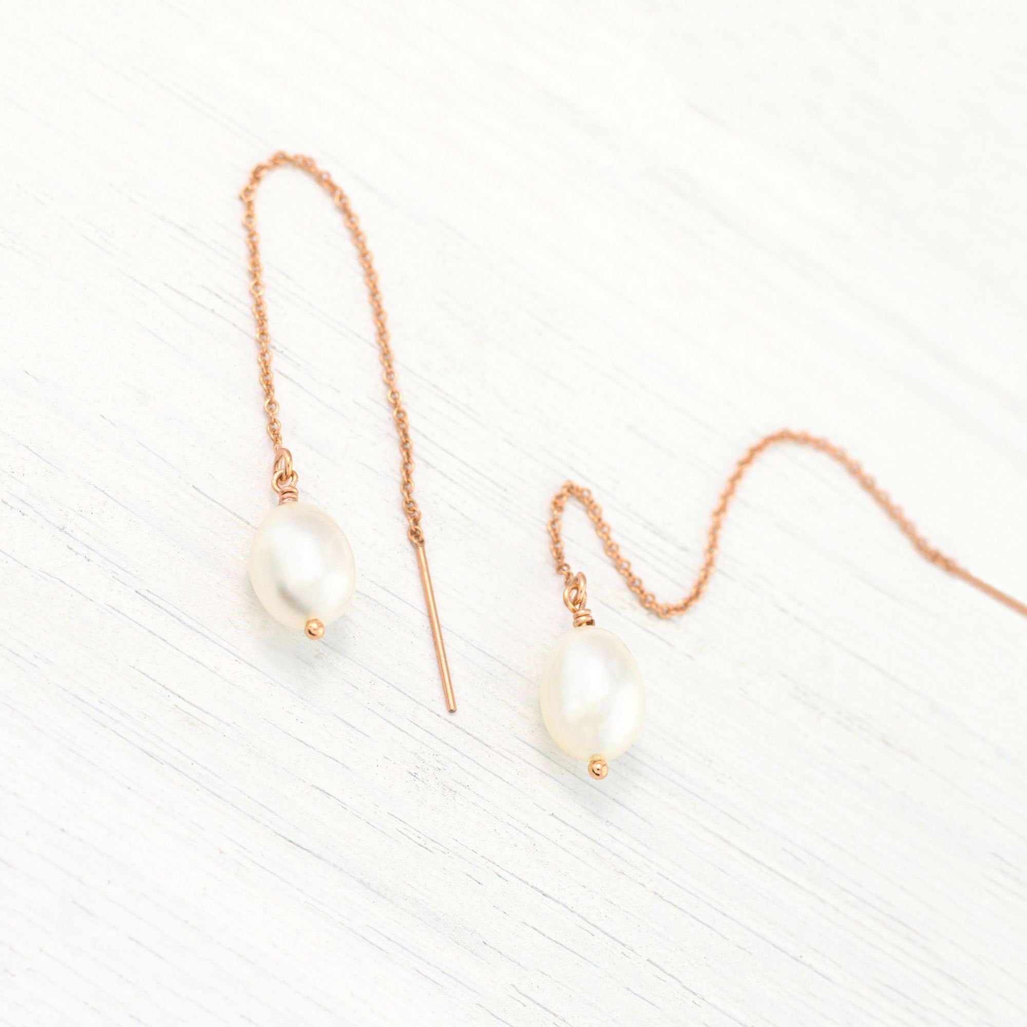 Freshwater Pearl Drop Threader Earrings, 14k Gold Filled, Bridesmaid Pearl Earrings, Long Pearl Earrings, Pearl Dangle, Gift for Girlfriend
