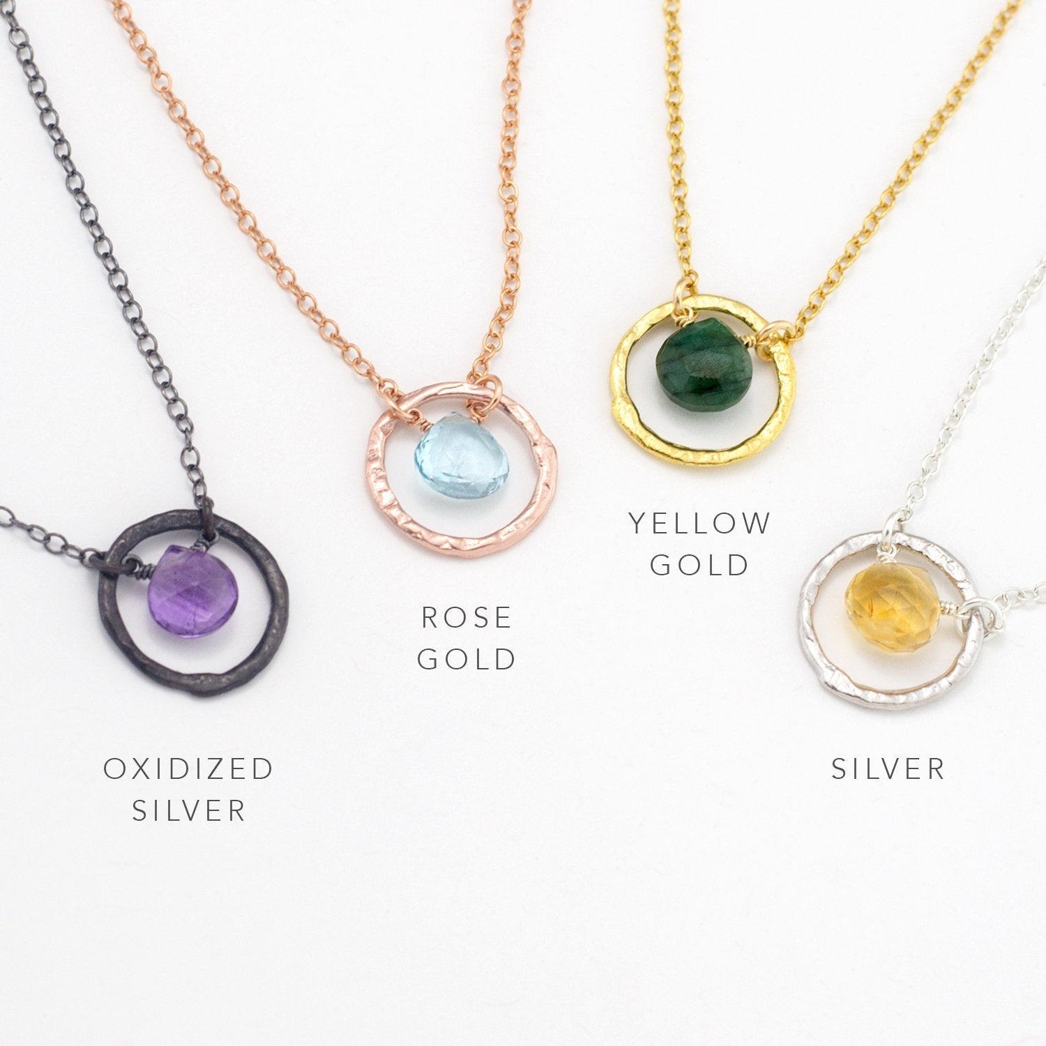 Emerald Drop Pendant, Genuine Gemstone Circle Charm Necklace, May Birthstone Gift, Dainty Layering Necklace, Birthday Christmas Gift for Her