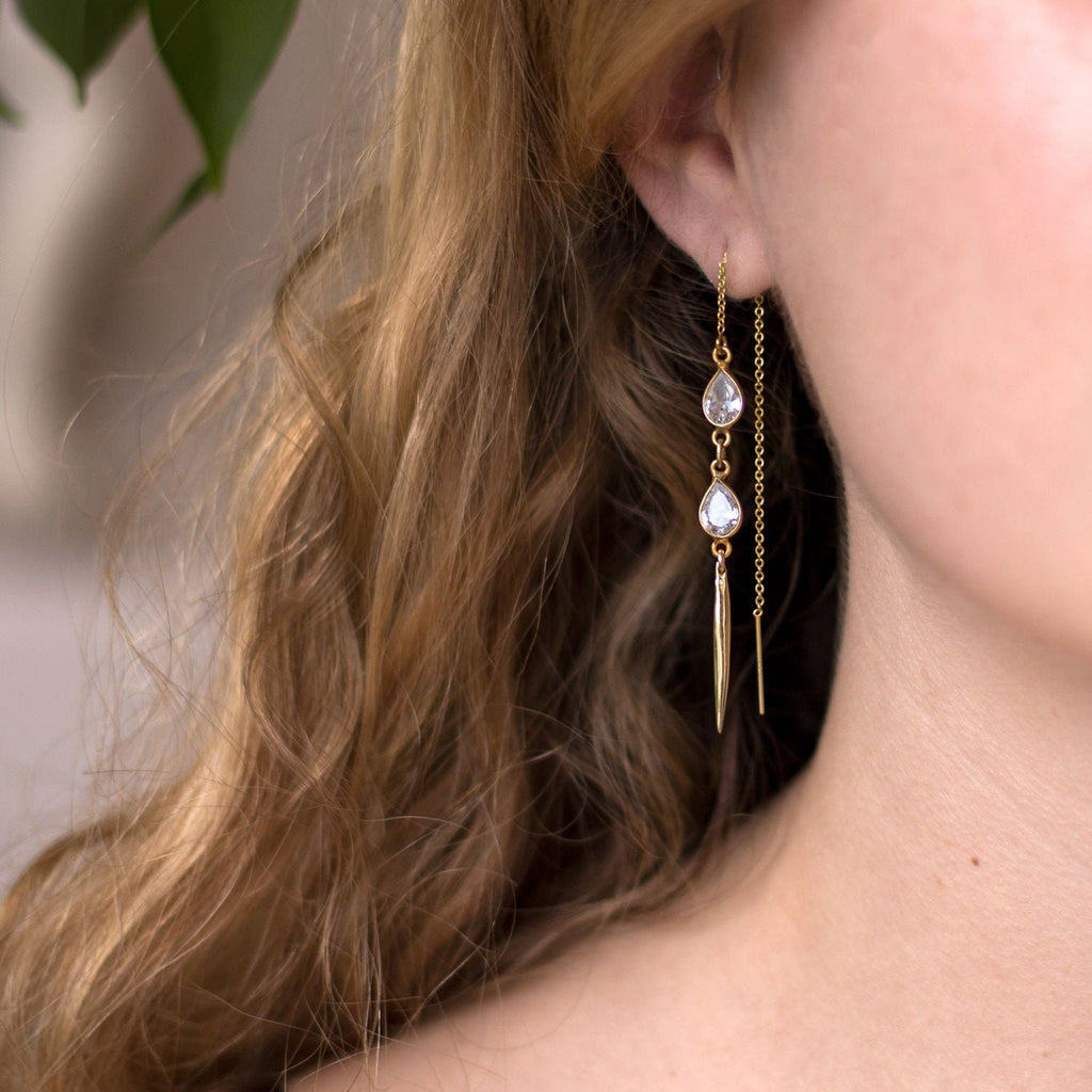 Simple Bridal Earrings, Dainty Cubic Zirconia Drop Earrings, Edgy Gold Spike Threaders, Bridesmaid Gift, Minimalist Threader Earrings, CZ