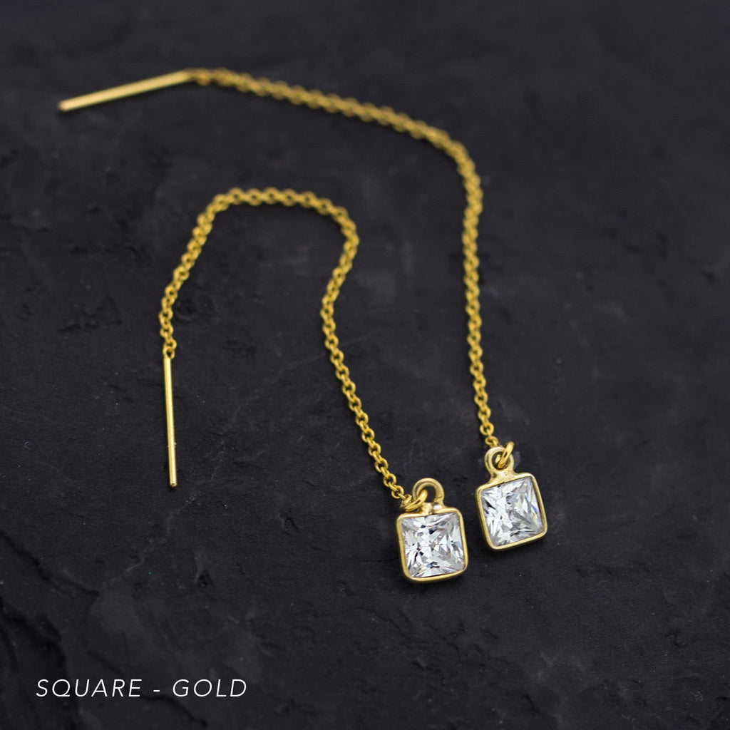 Gold Bridesmaid Threaders, Modern Bridal Earrings, Crystal Drop Chain Earrings, Dainty Gold CZ Thread Through Earring, Wedding Party Jewelry