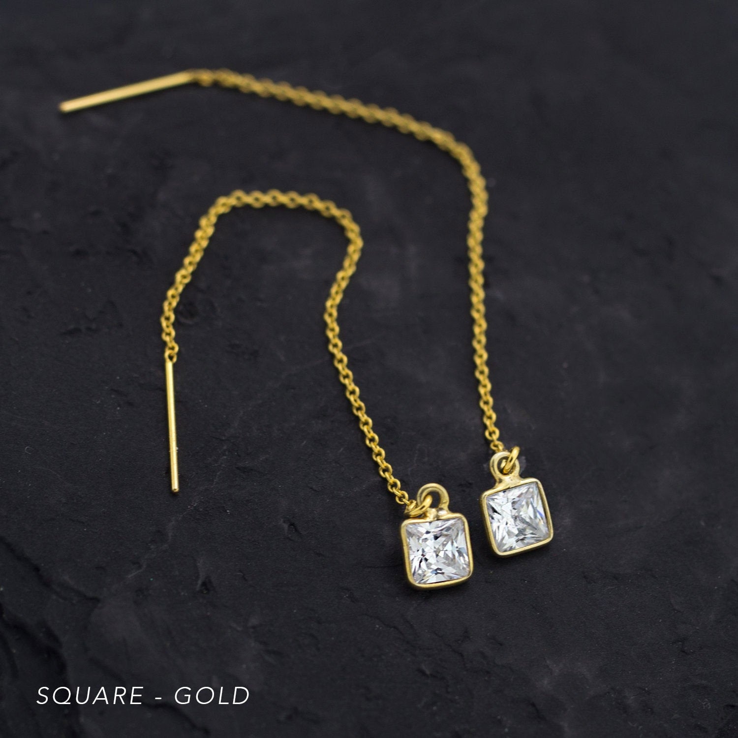 Gold Bridesmaid Threaders, Modern Bridal Earrings, Crystal Drop Chain Earrings, Dainty Gold CZ Thread Through Earring, Wedding Party Jewelry
