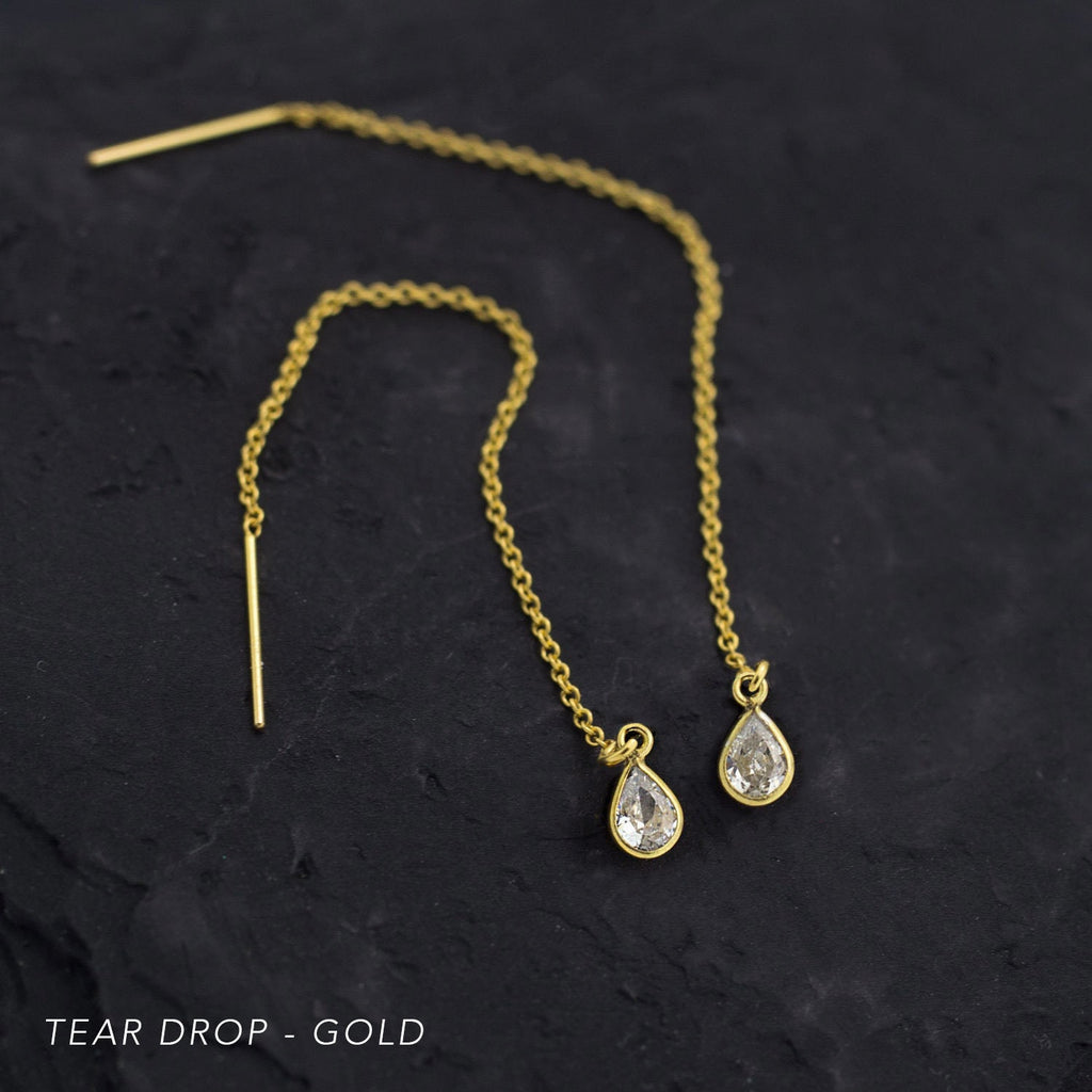 Gold Bridesmaid Threaders, Modern Bridal Earrings, Crystal Drop Chain Earrings, Dainty Gold CZ Thread Through Earring, Wedding Party Jewelry