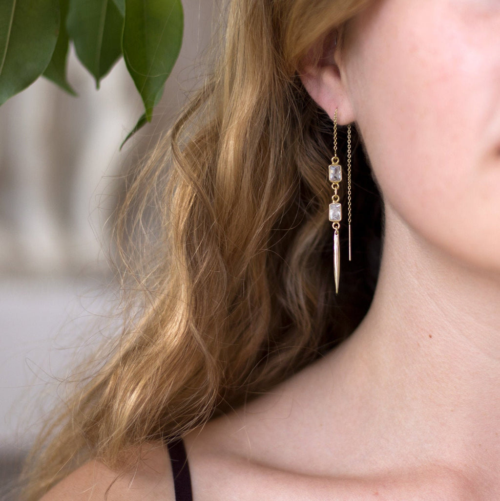 Simple Bridal Earrings, Dainty Cubic Zirconia Drop Earrings, Edgy Gold Spike Threaders, Bridesmaid Gift, Minimalist Threader Earrings, CZ