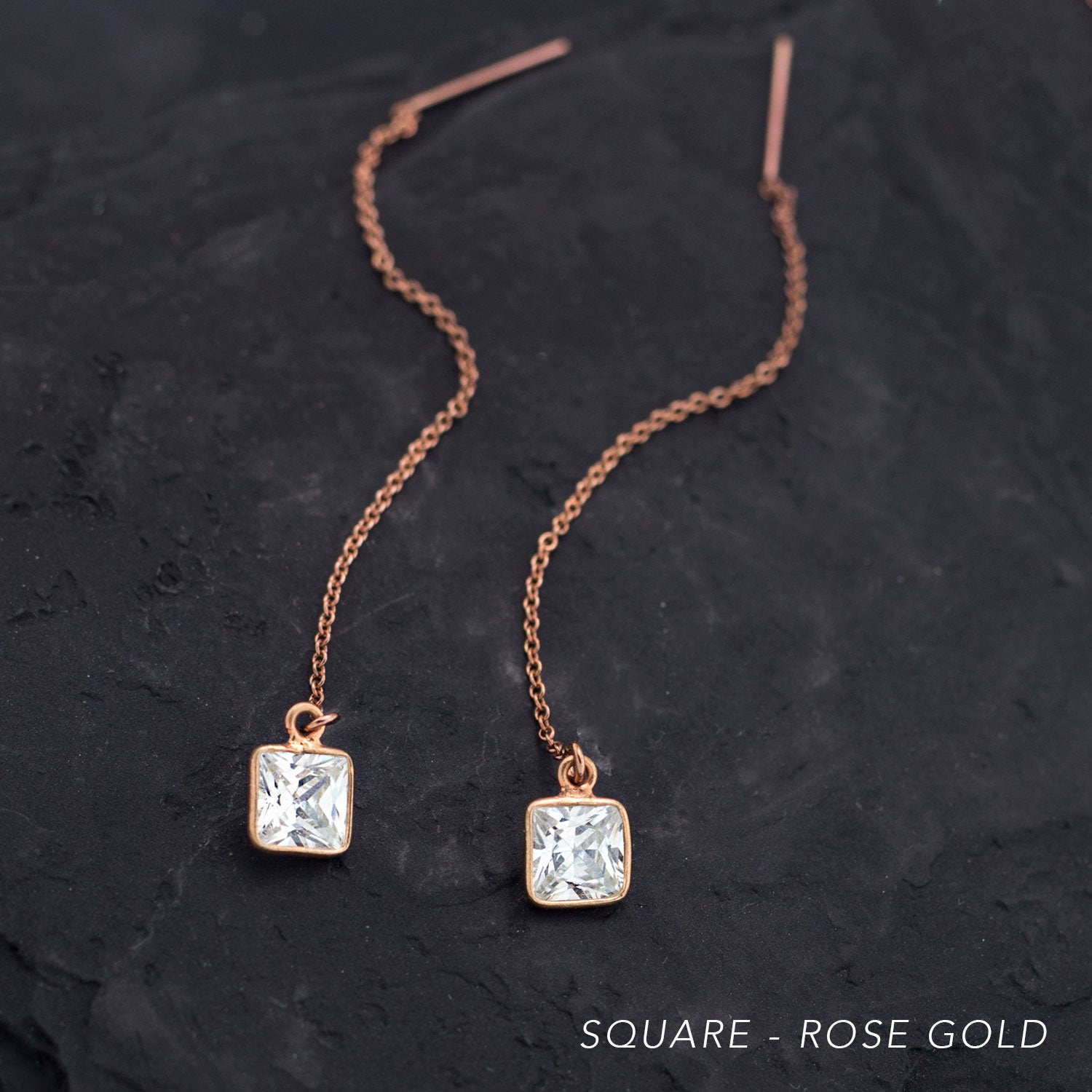 Gold Bridesmaid Threaders, Modern Bridal Earrings, Crystal Drop Chain Earrings, Dainty Gold CZ Thread Through Earring, Wedding Party Jewelry