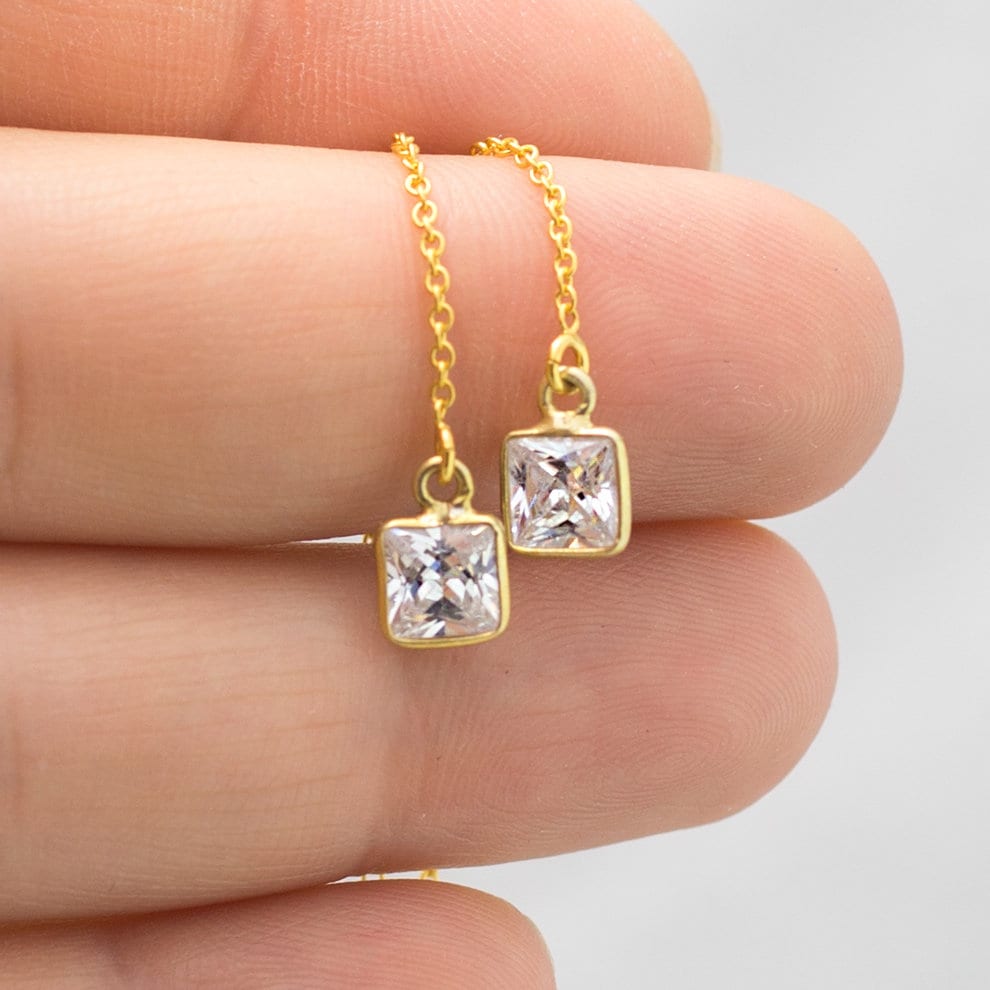 Gold Bridesmaid Threaders, Modern Bridal Earrings, Crystal Drop Chain Earrings, Dainty Gold CZ Thread Through Earring, Wedding Party Jewelry