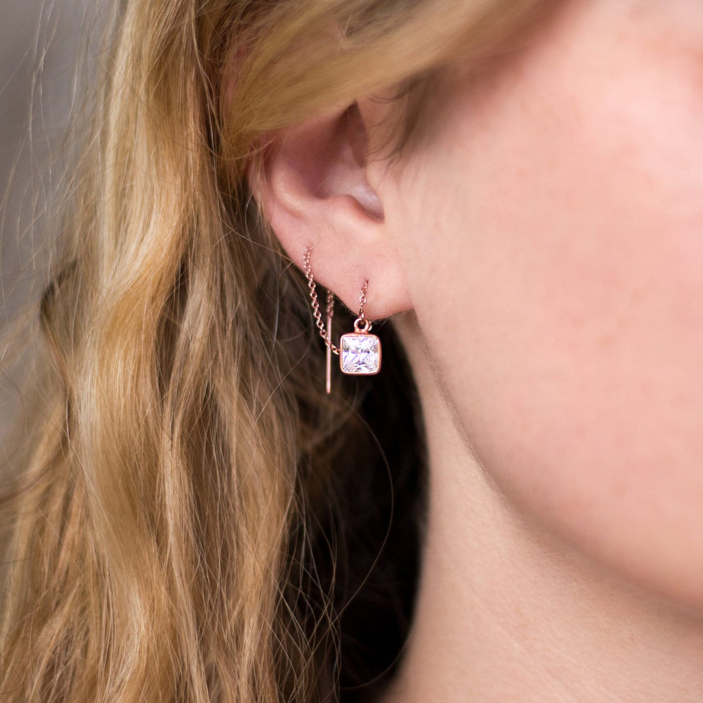 Gold Bridesmaid Threaders, Modern Bridal Earrings, Crystal Drop Chain Earrings, Dainty Gold CZ Thread Through Earring, Wedding Party Jewelry