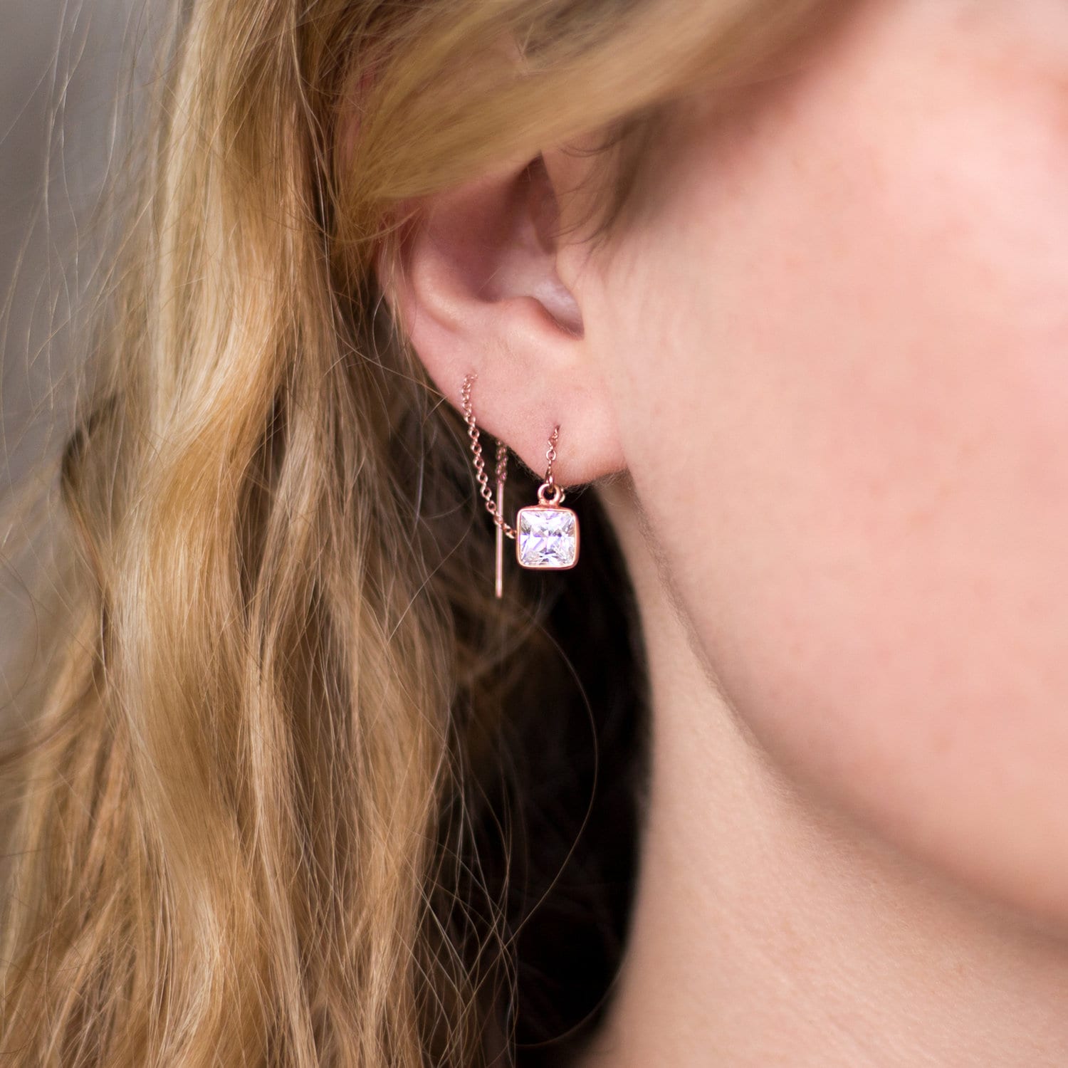 Gold Bridesmaid Threaders, Modern Bridal Earrings, Crystal Drop Chain Earrings, Dainty Gold CZ Thread Through Earring, Wedding Party Jewelry