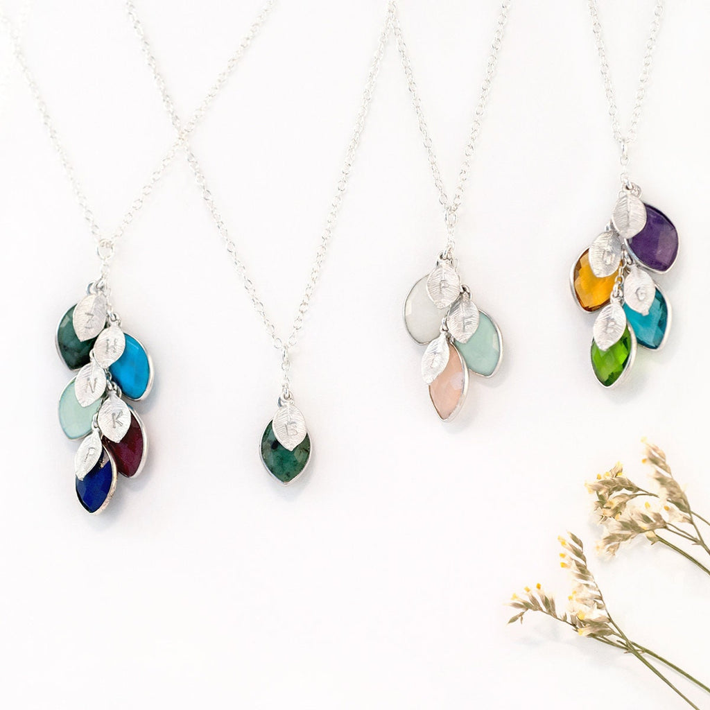 Silver Family Tree Cascade Necklace, Birthstone Generations Necklace for Grandma, Engraved Initial Necklace, Meaningful Christmas Gift