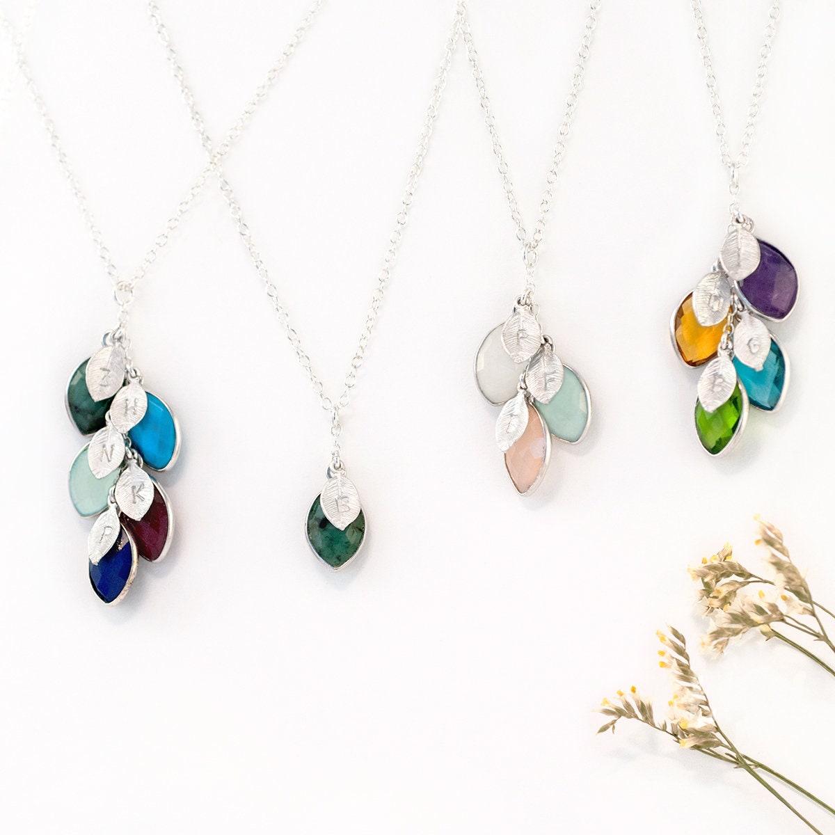 Silver Family Tree Cascade Necklace, Birthstone Generations Necklace for Grandma, Engraved Initial Necklace, Meaningful Christmas Gift