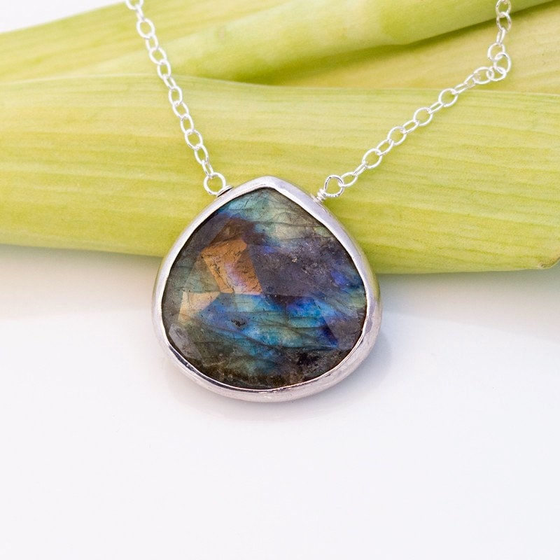 Faceted Gemstone Necklace, Bezel Set Stone, Natural Labradorite Necklace, Sterling Silver, Layering Jewelry, Celestial Gift for Her