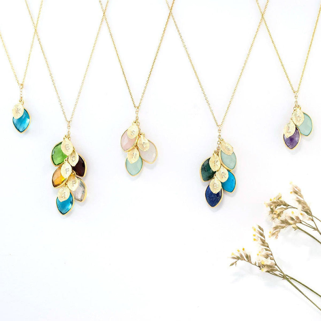 Unique Personalized Gift Necklace for Mothers Day from Daughter, Multi Birthstone Monogram Letter Necklace, Stamped Family Tree Necklace