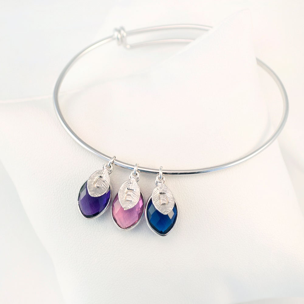 Birthstone Charm Bangle, Custom Stamped Initial, Silver Bangle Bracelet, Family Bracelet for Mom, Christmas for Grandma, Special Gift