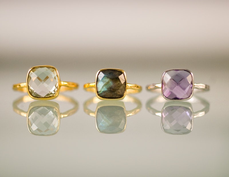 Green Amethyst Ring, Stacking Ring, Cushion Cut Ring, Gem Ring, Square Ring, February Birthstone, Solitaire Ring, Modern Gift for Her, RG-SQ