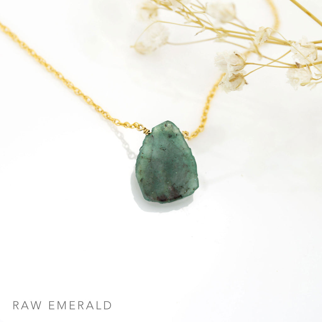 Raw Emerald Slice Necklace, May Birthstone Gift, Dainty Gold Filled Chain, Genuine Gemstone Pendant, Boho Layering Necklace, Minimalist Gift