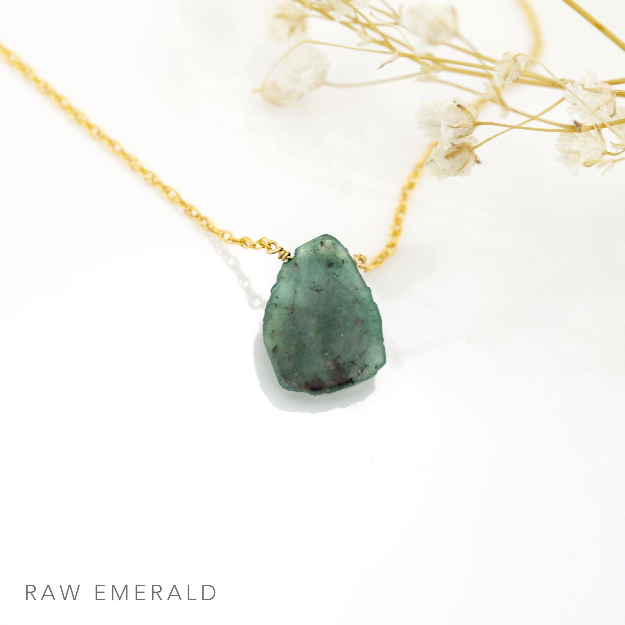 Raw Emerald Slice Necklace, May Birthstone Gift, Dainty Gold Filled Chain, Genuine Gemstone Pendant, Boho Layering Necklace, Minimalist Gift