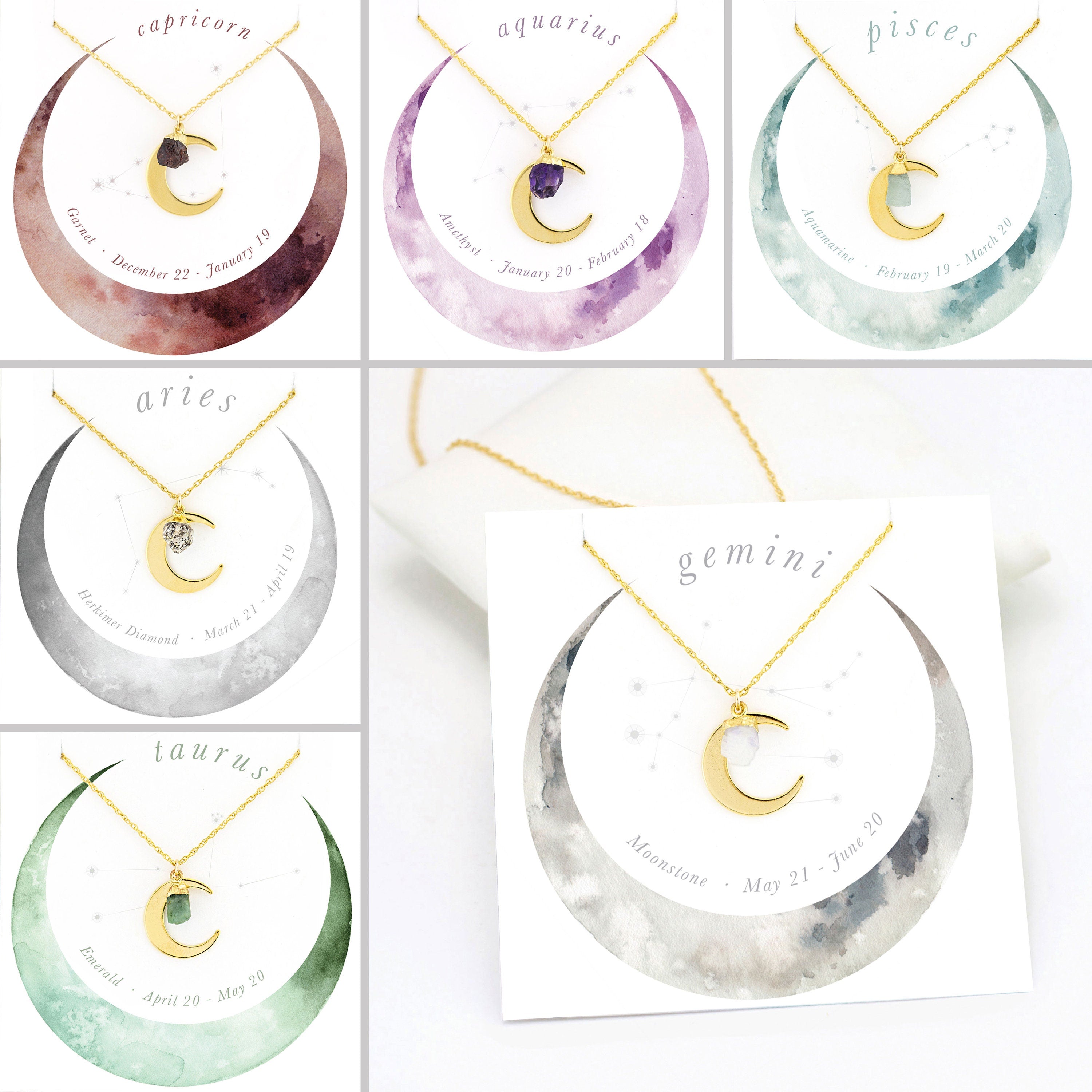 Taurus Horoscope Necklace, Celestial Necklace, Stone Necklace, Zodiac Jewelry, Crescent Moon, Raw Emerald Stone, Dainty Moon, NK-N