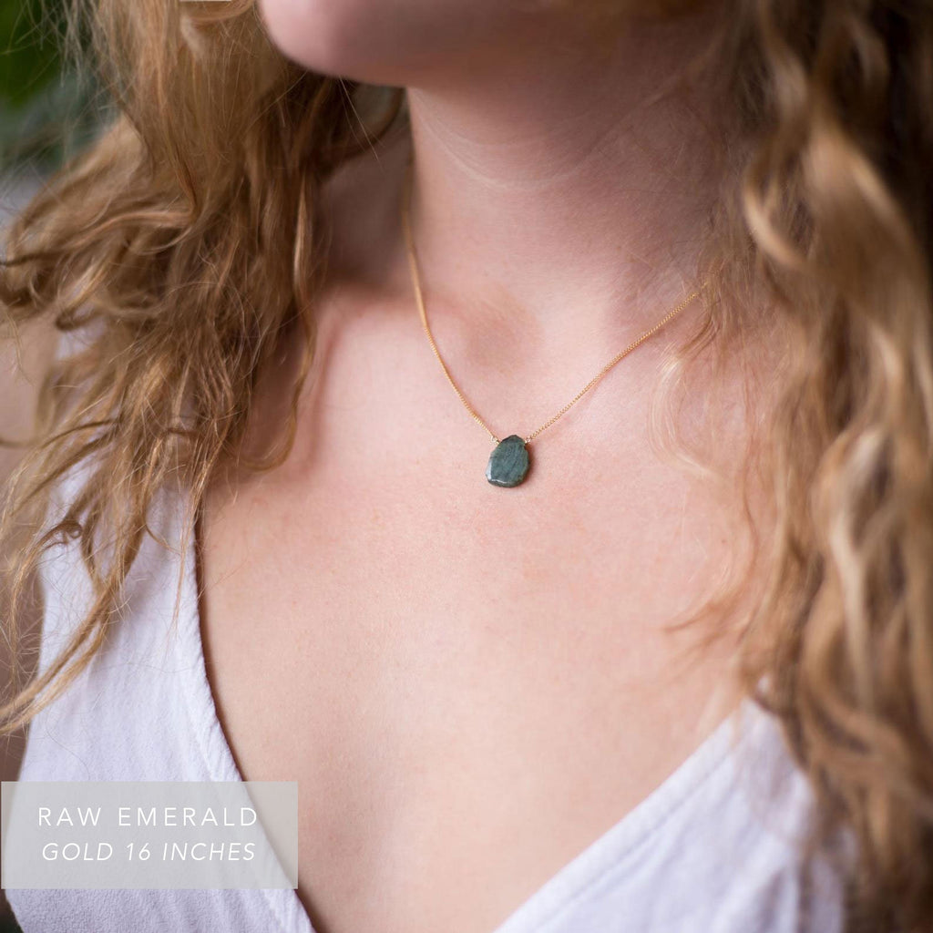 Raw Emerald Slice Necklace, May Birthstone Gift, Dainty Gold Filled Chain, Genuine Gemstone Pendant, Boho Layering Necklace, Minimalist Gift